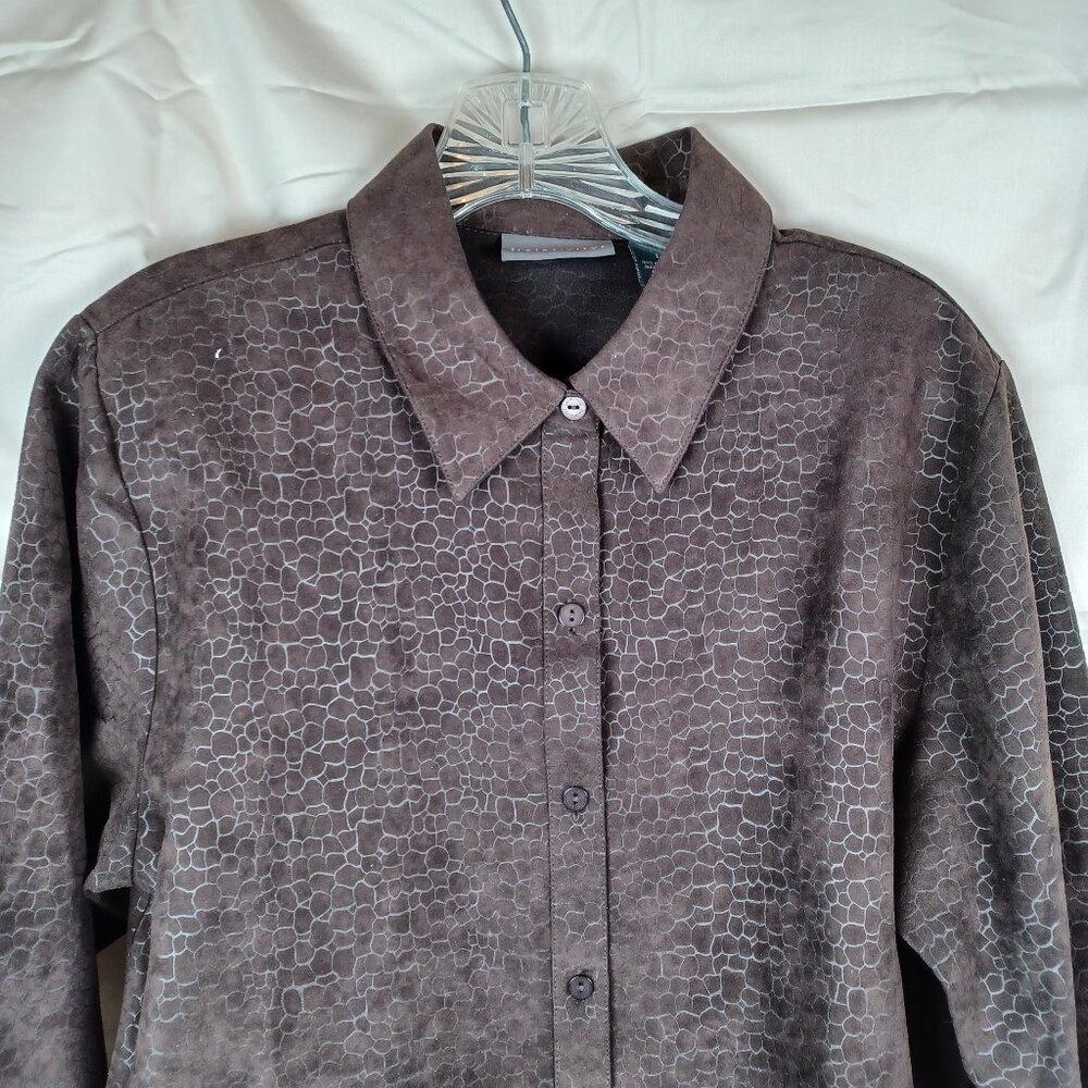 Relativity Woman's Brown Tunic Sz Large Long Sleeve Snakeskin Pattern Button Up